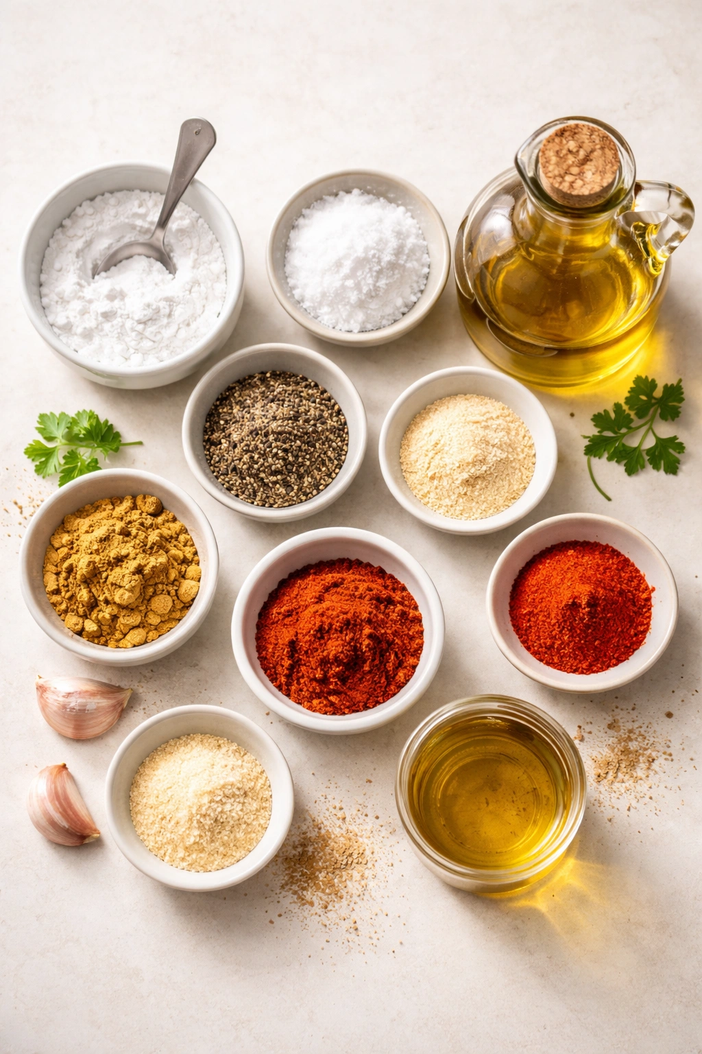 Flat lay of wing seasoning ingredients for crispy wings
