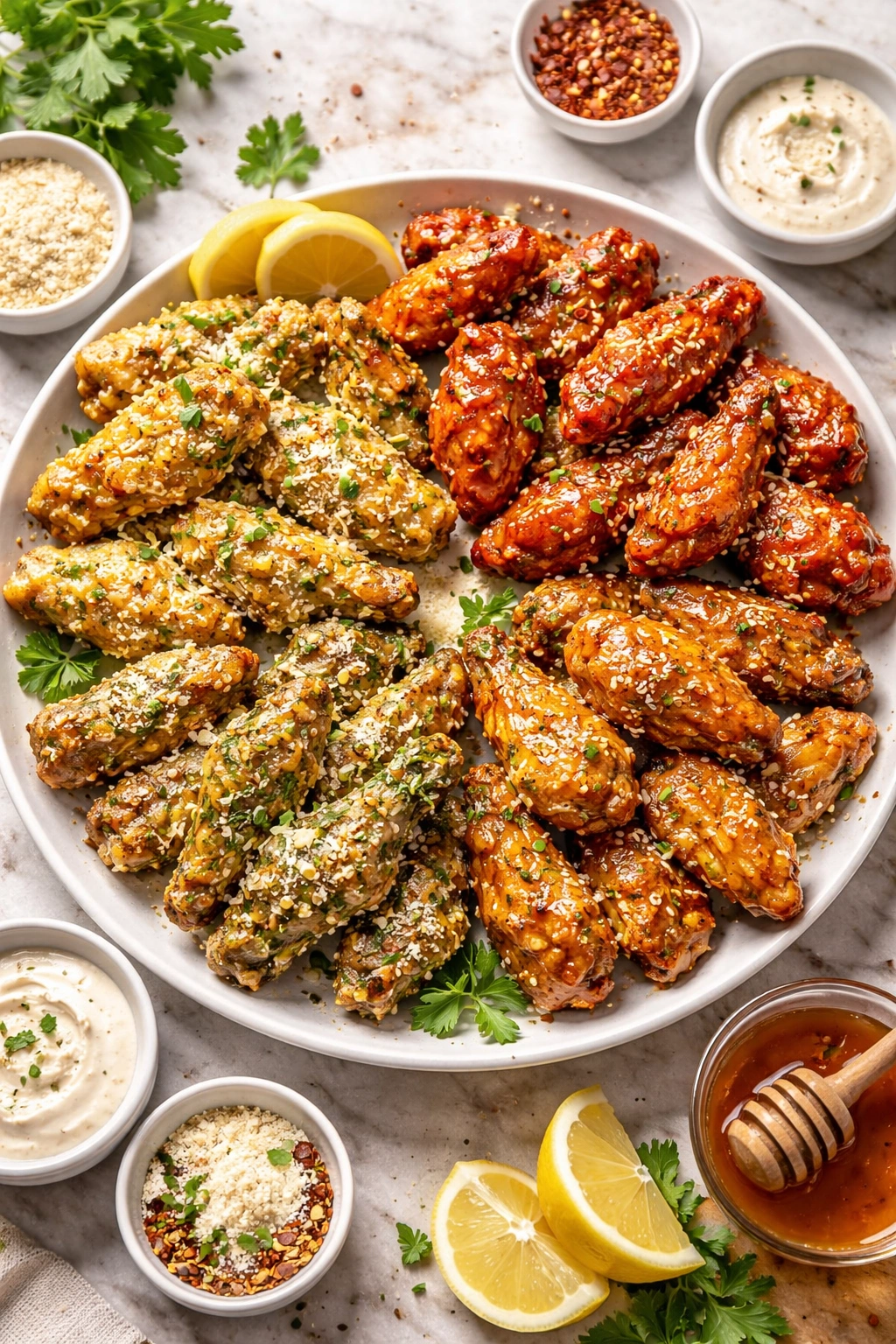Plate of wings with lemon zest, spicy, herb, and honey glazes