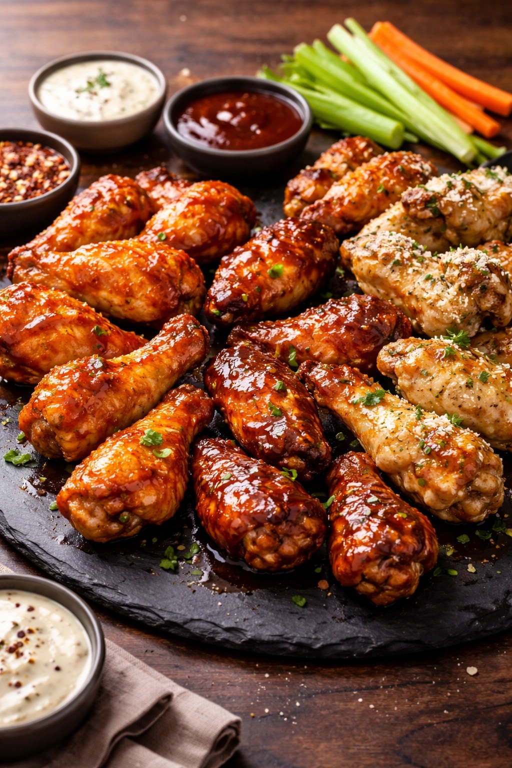 Varied glazed wings showcasing buffalo, honey BBQ, and garlic parmesan finishes.