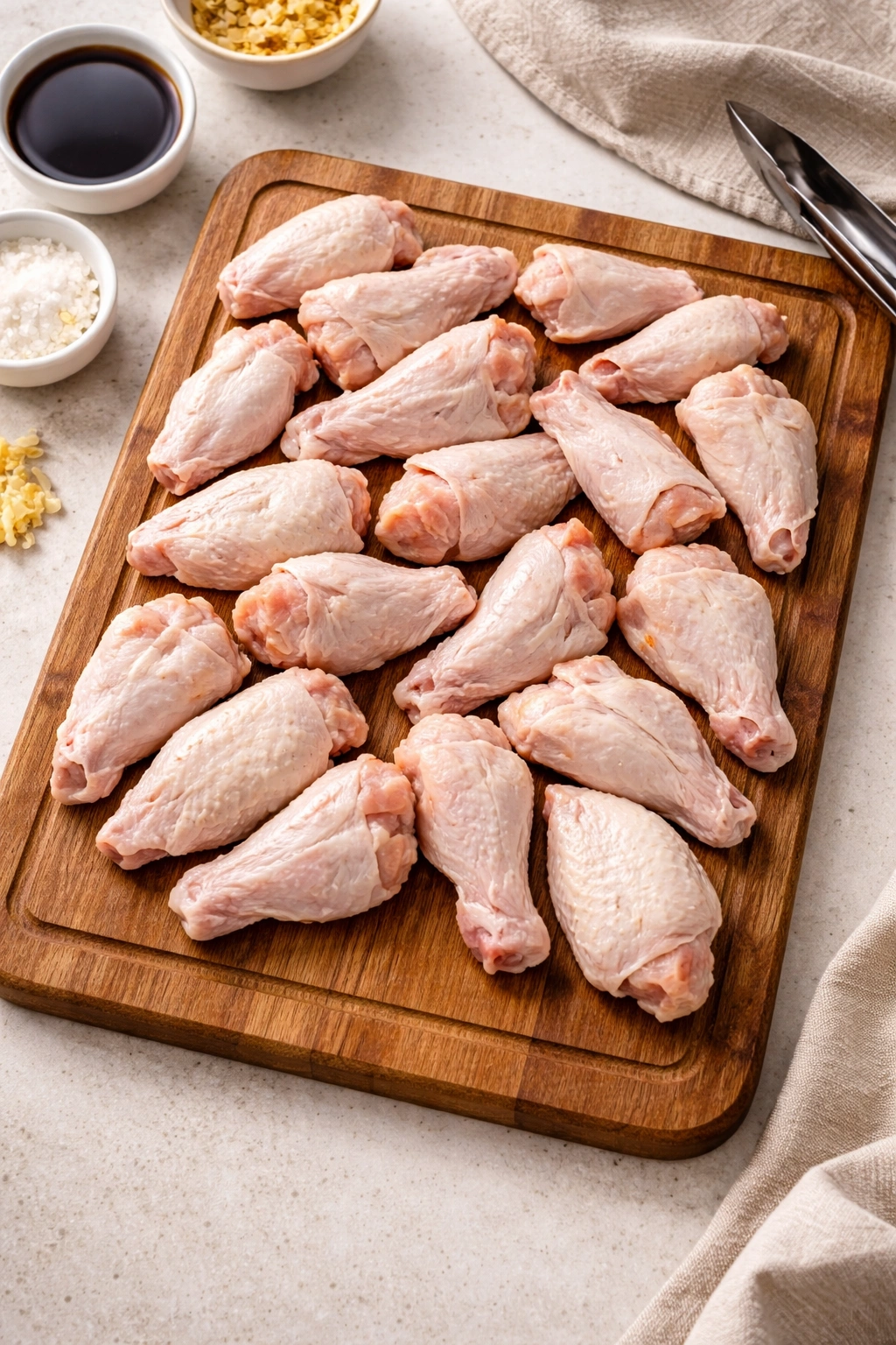 Pre-cut chicken wingettes and drumettes on a cutting board