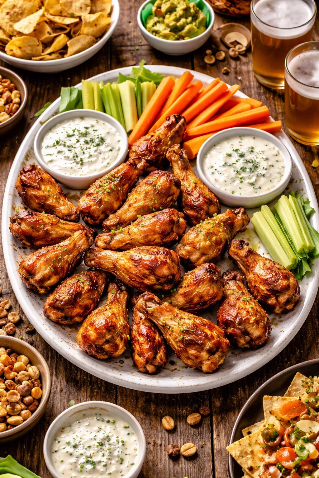 Close-up of crispy baked wings with celery and carrot sticks and blue cheese dip