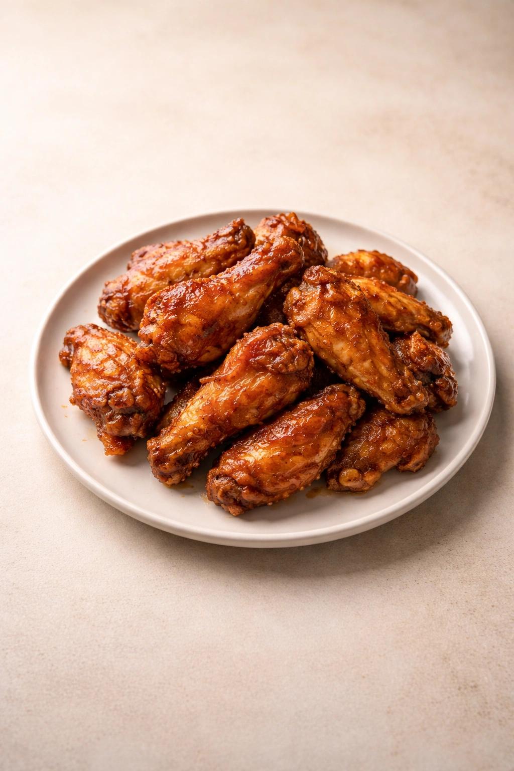 Close-up of crispy chicken wings plated on a clean white plate with a neutral background