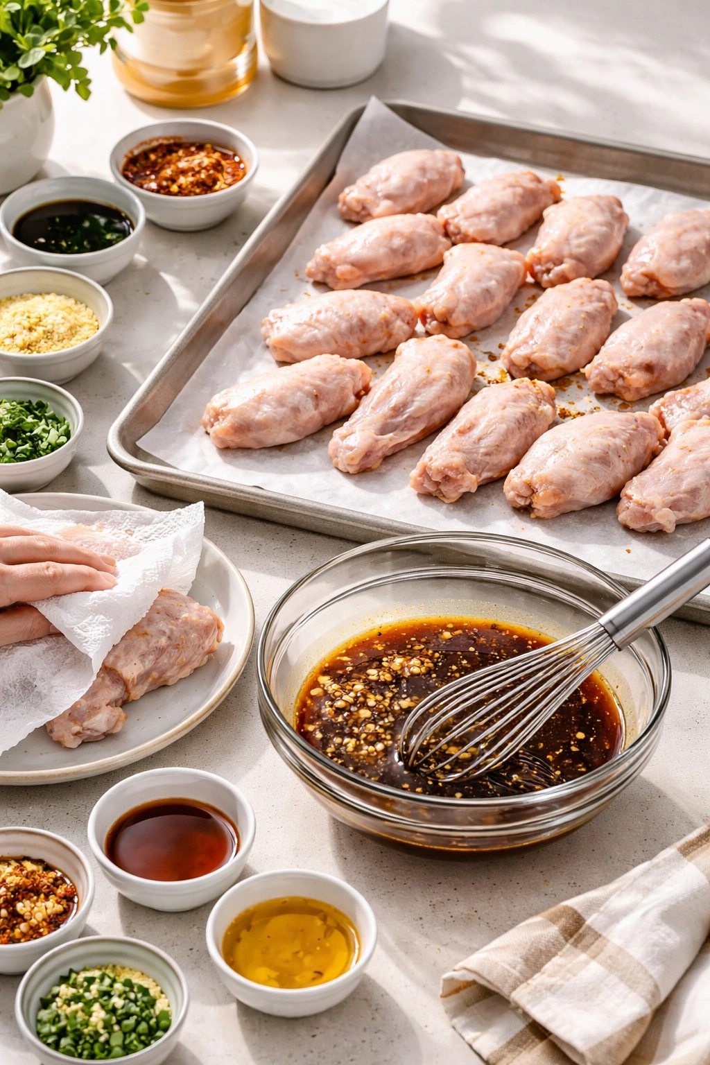 Wings drying and ready on parchment-lined baking sheet