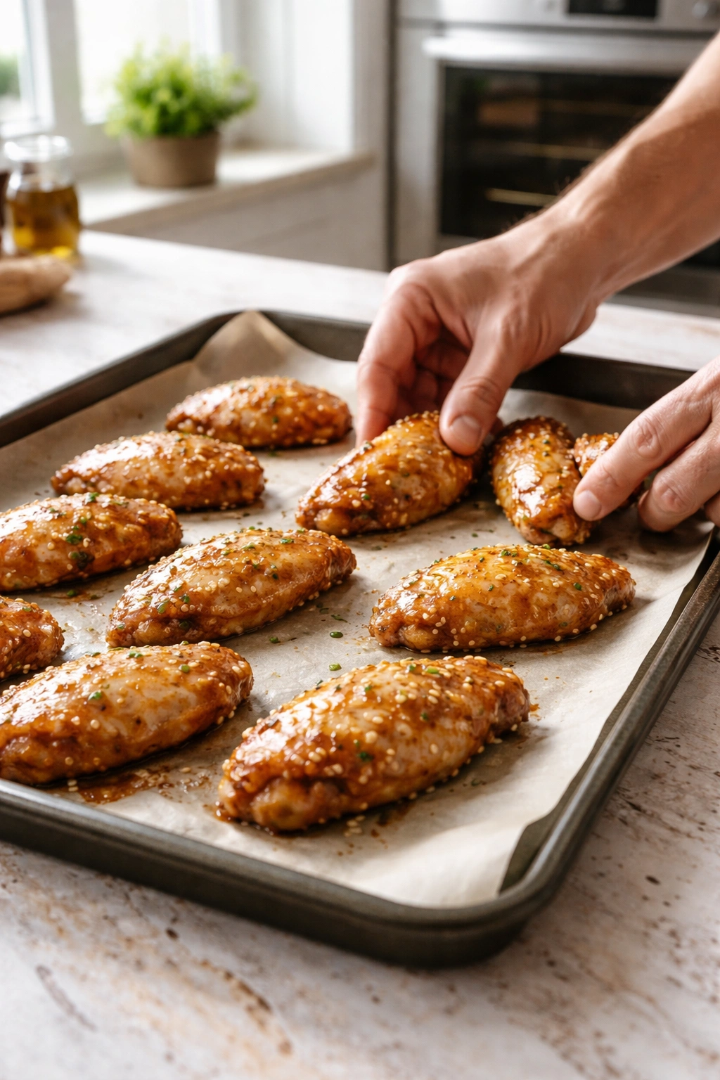 Close-up of marinated wings arranged on parchment-lined baking sheet ready for the oven