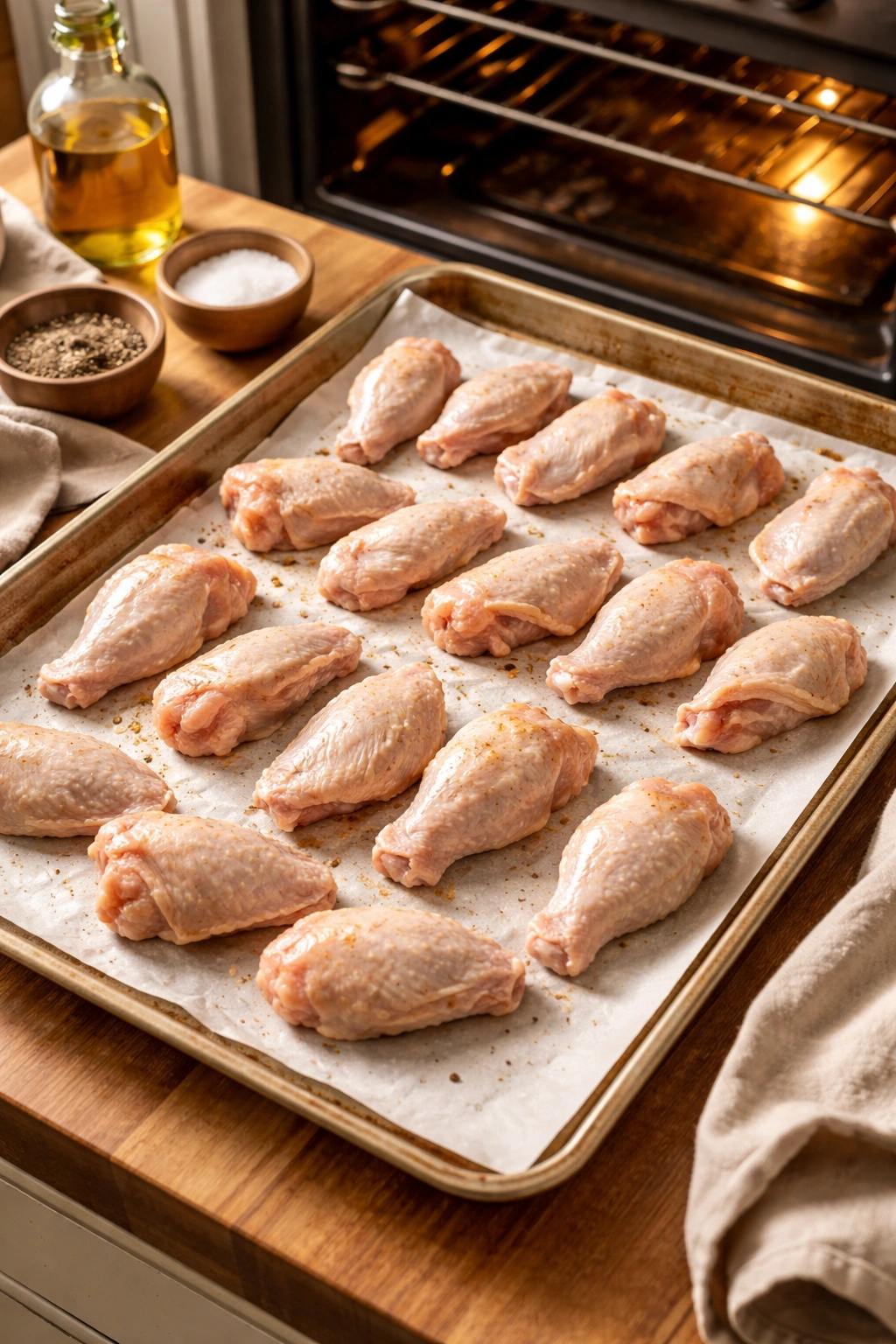Wings on parchment before roasting with oven in background
