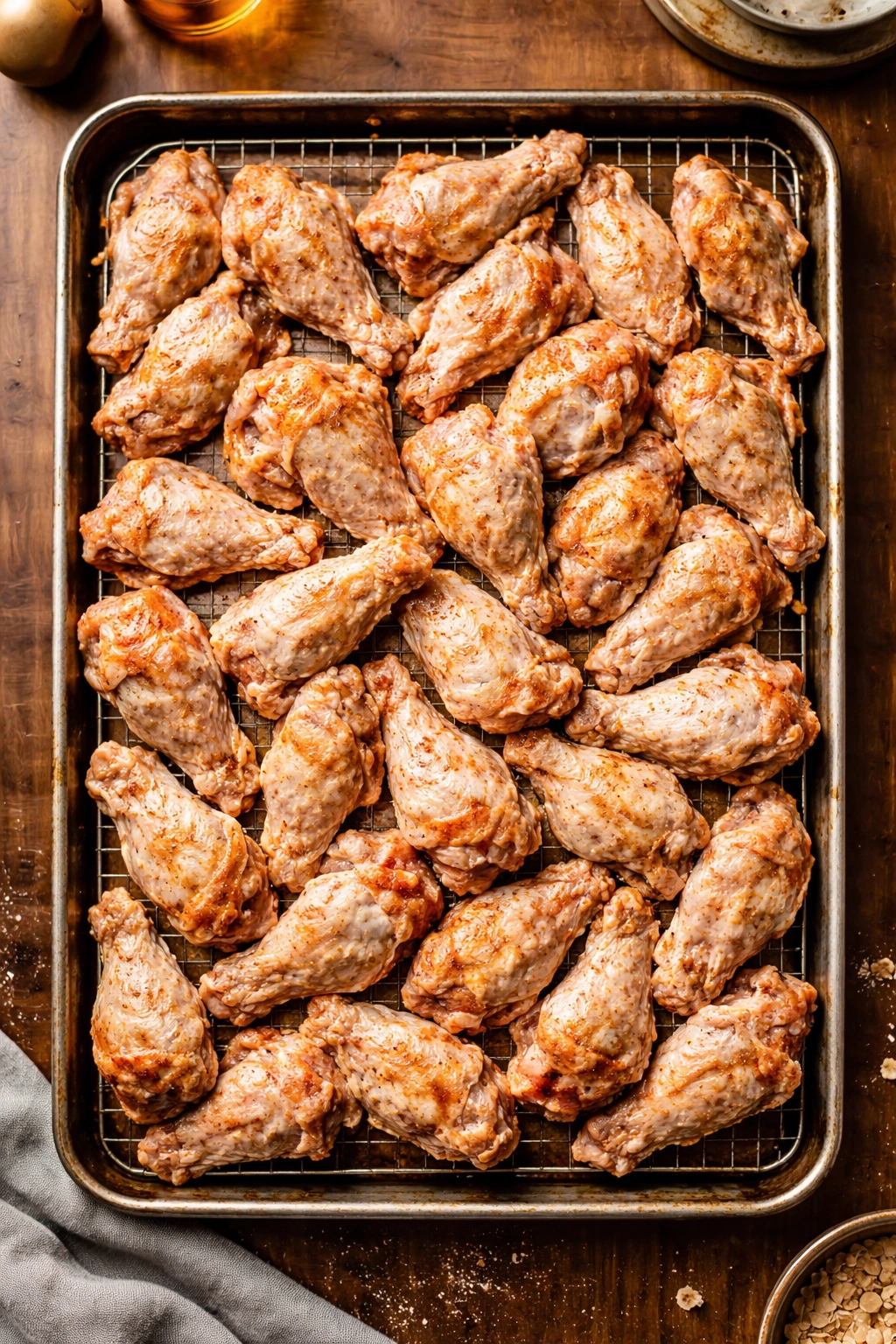 Close-up of crowded wings on a baking sheet showing overcrowding roasting mistakes