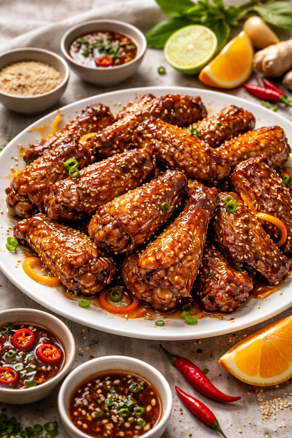 Wings with sesame seeds and citrus variation on a plate