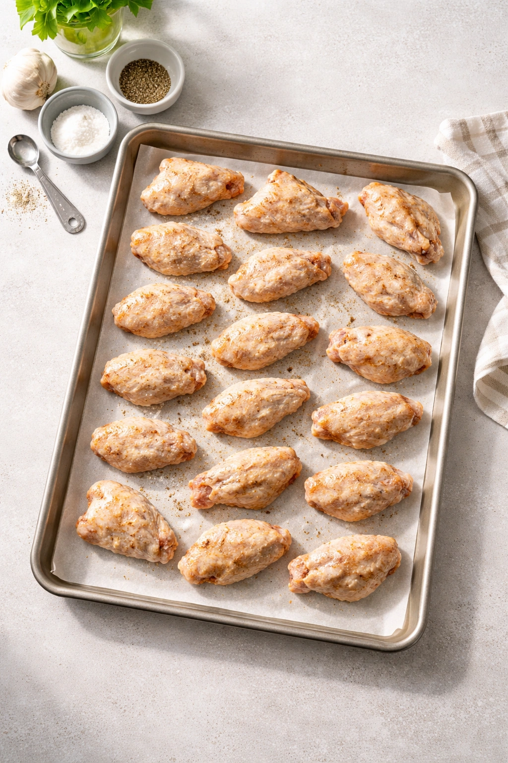 Wings arranged on parchment-lined sheet pan ready for baking