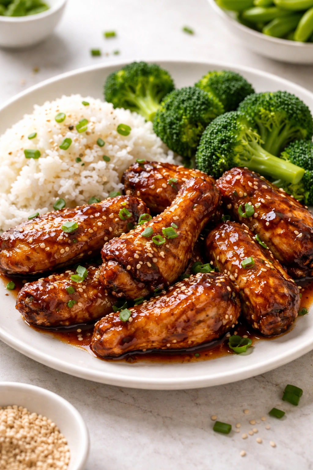 Wings served with rice and broccoli on a plate