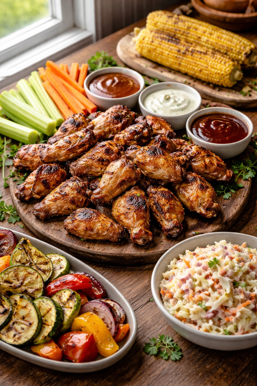 Serving platter with wings, celery sticks, carrots, corn, and coleslaw.