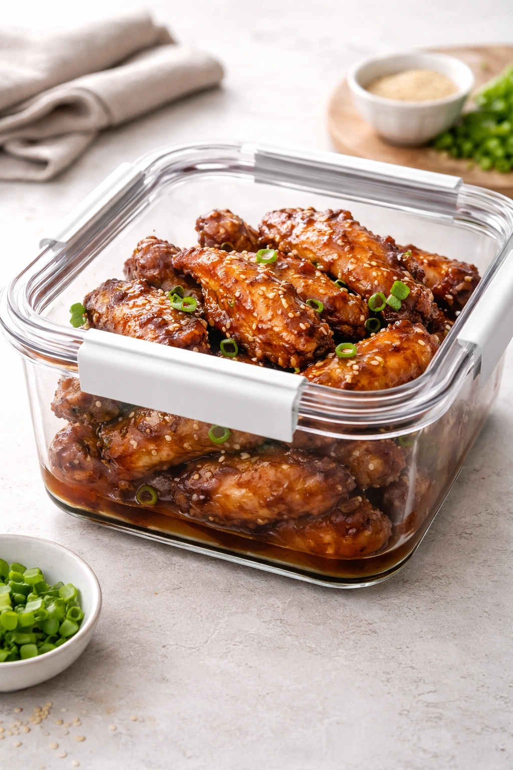 Airtight container of wings stored neatly for reheating