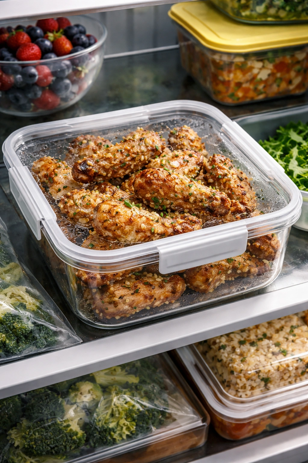 Wings stored in an airtight container inside the fridge for make-ahead meals