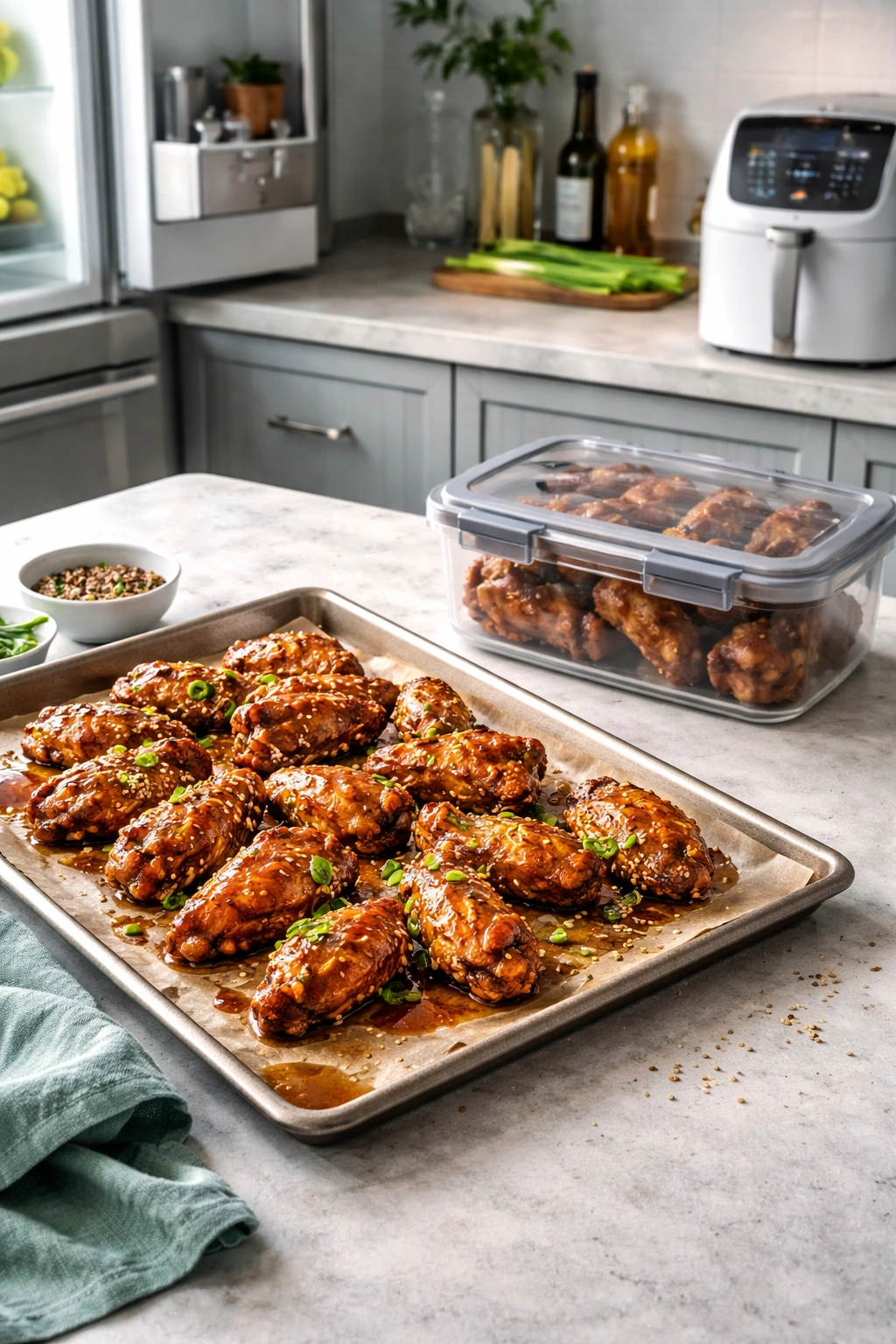 Wings on a baking sheet and in an airtight container for storage