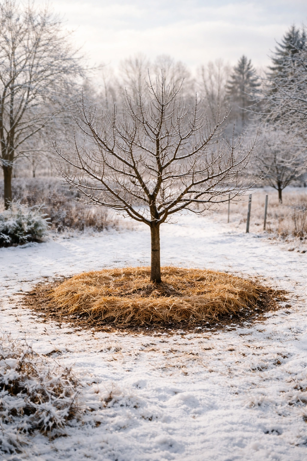 Apple tree with mulch ring around base in winter