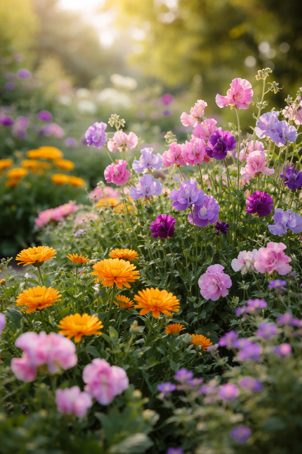 Close-up view of colorful winter flowers in a California garden bed