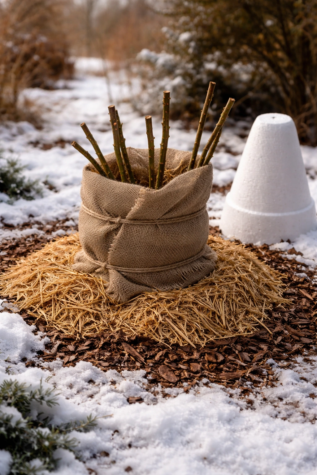 Rose shrub protected for winter with burlap mulch and cone