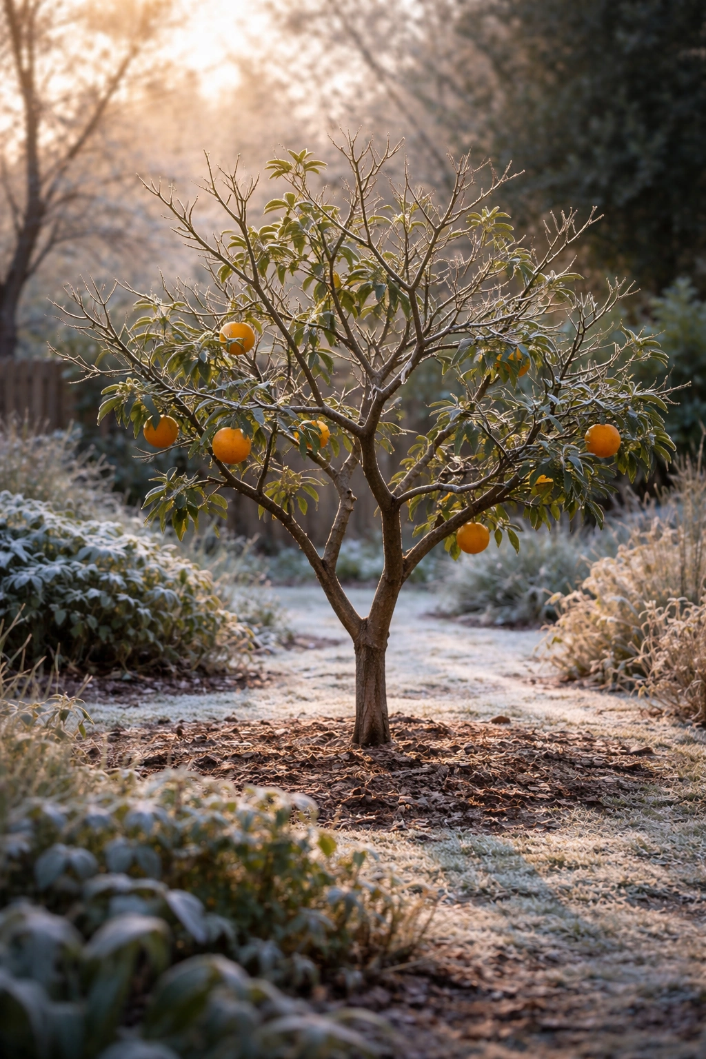 Winter citrus tree with bare branches in a frost-kissed garden