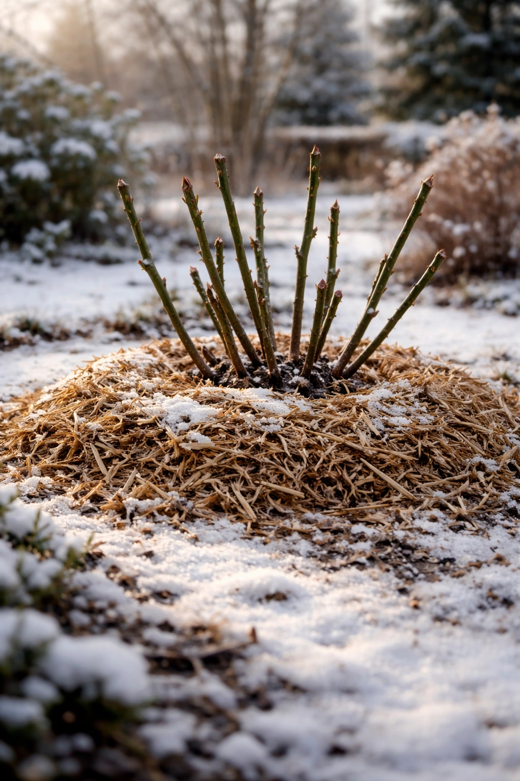 Rose in winter with snow and thick mulch protection