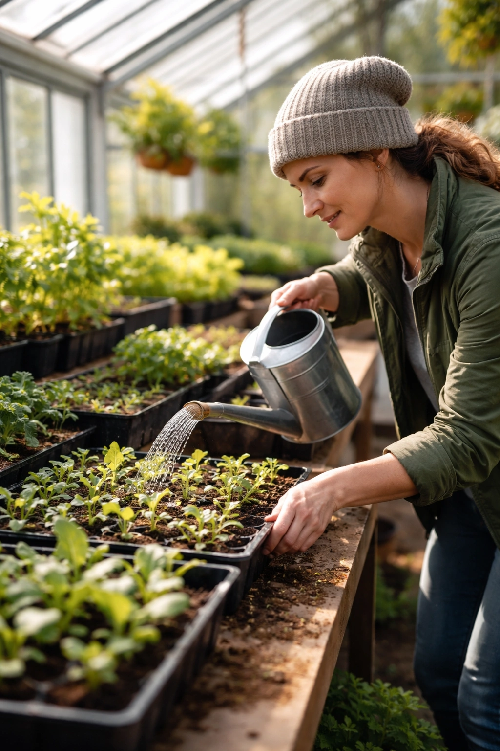 Gardener watering seedlings on a winter bench in a greenhouse