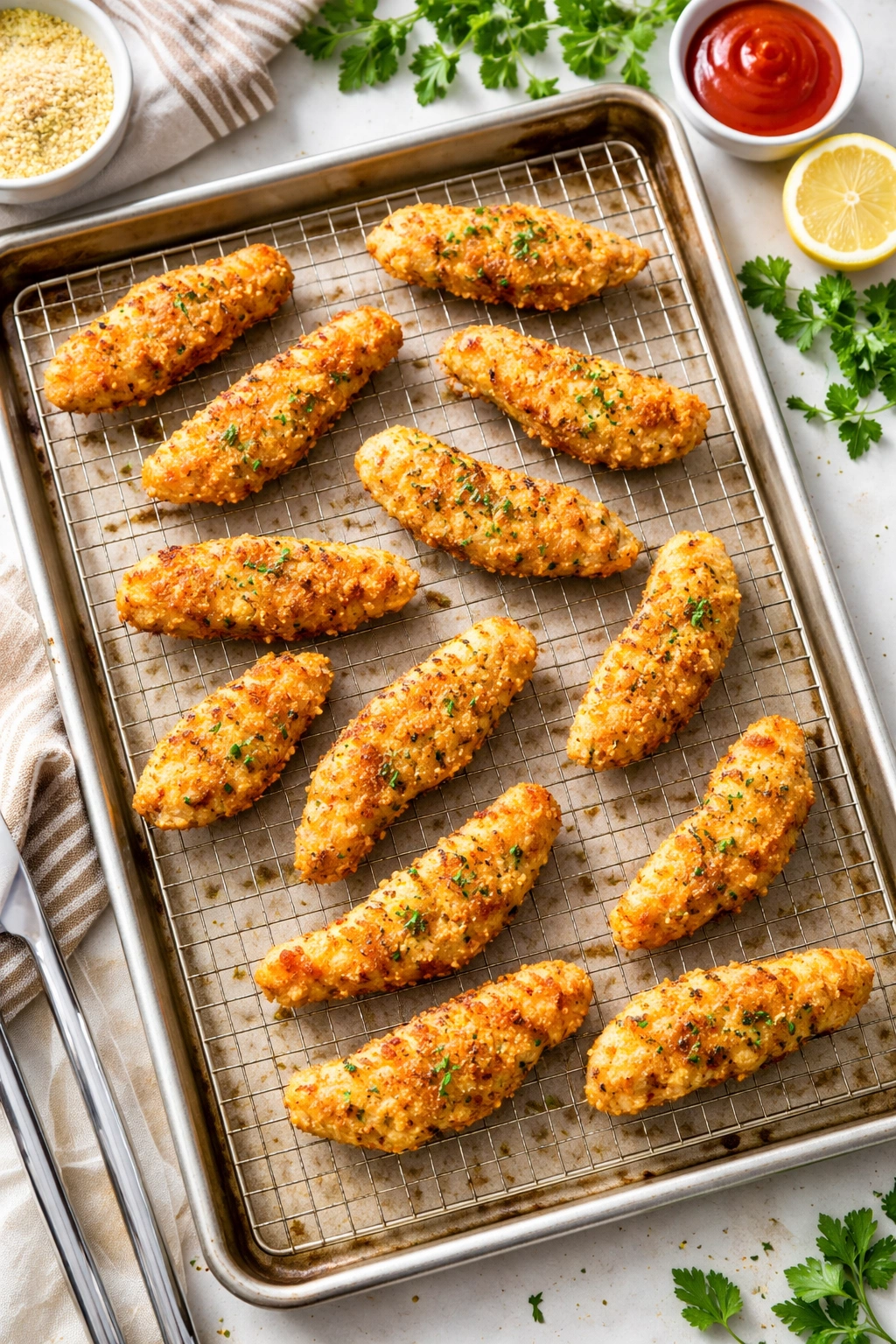 Chicken tenders on a wire rack over a baking sheet.