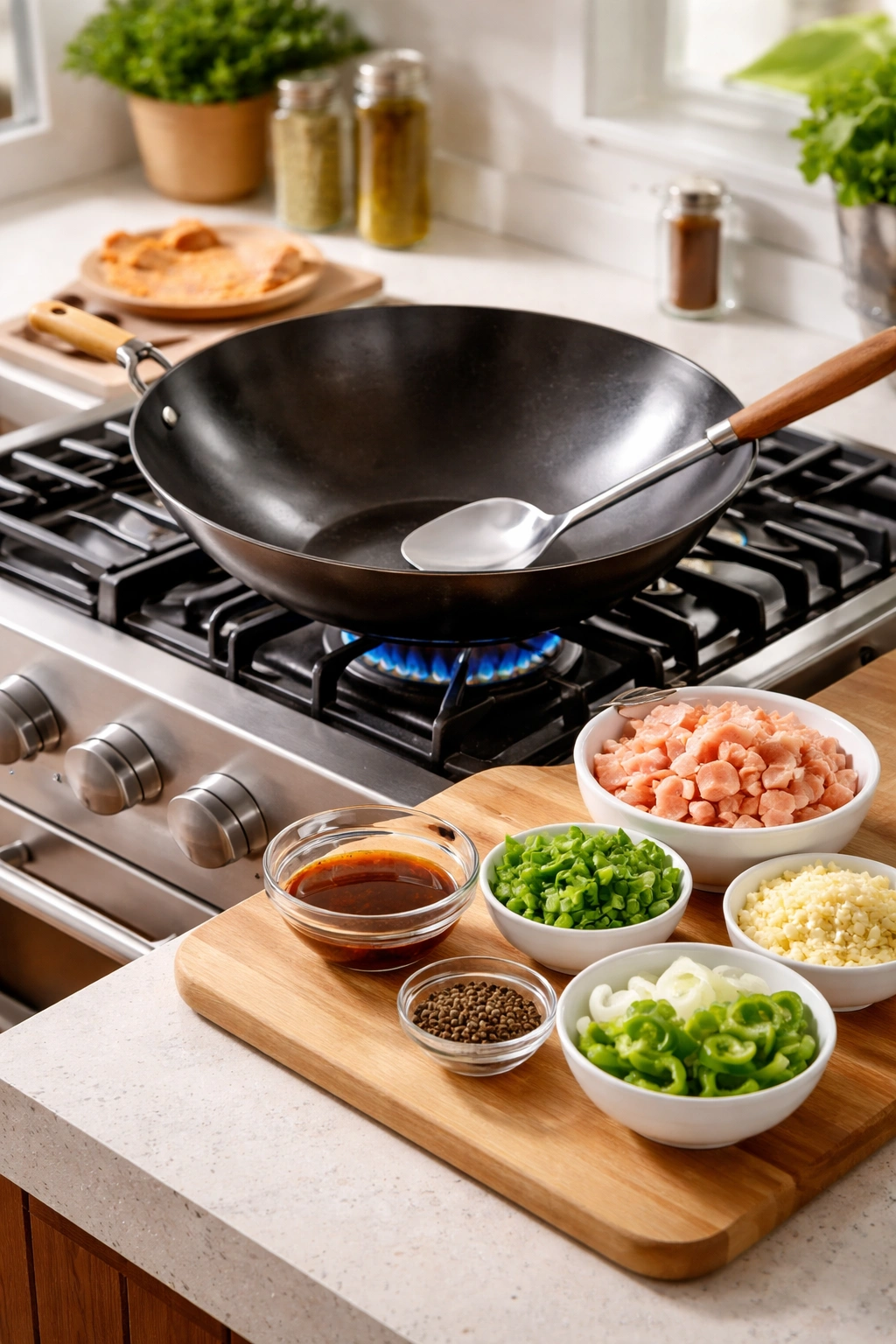 Wok and spatula ready for high-heat stir-fry setup
