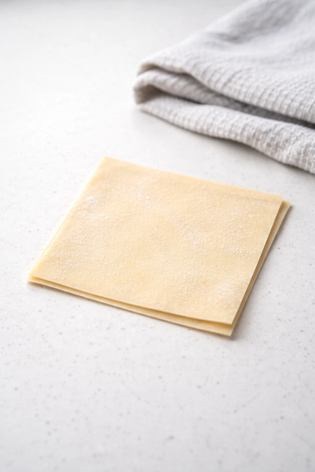 Store-bought wonton wrapper resting on a clean surface