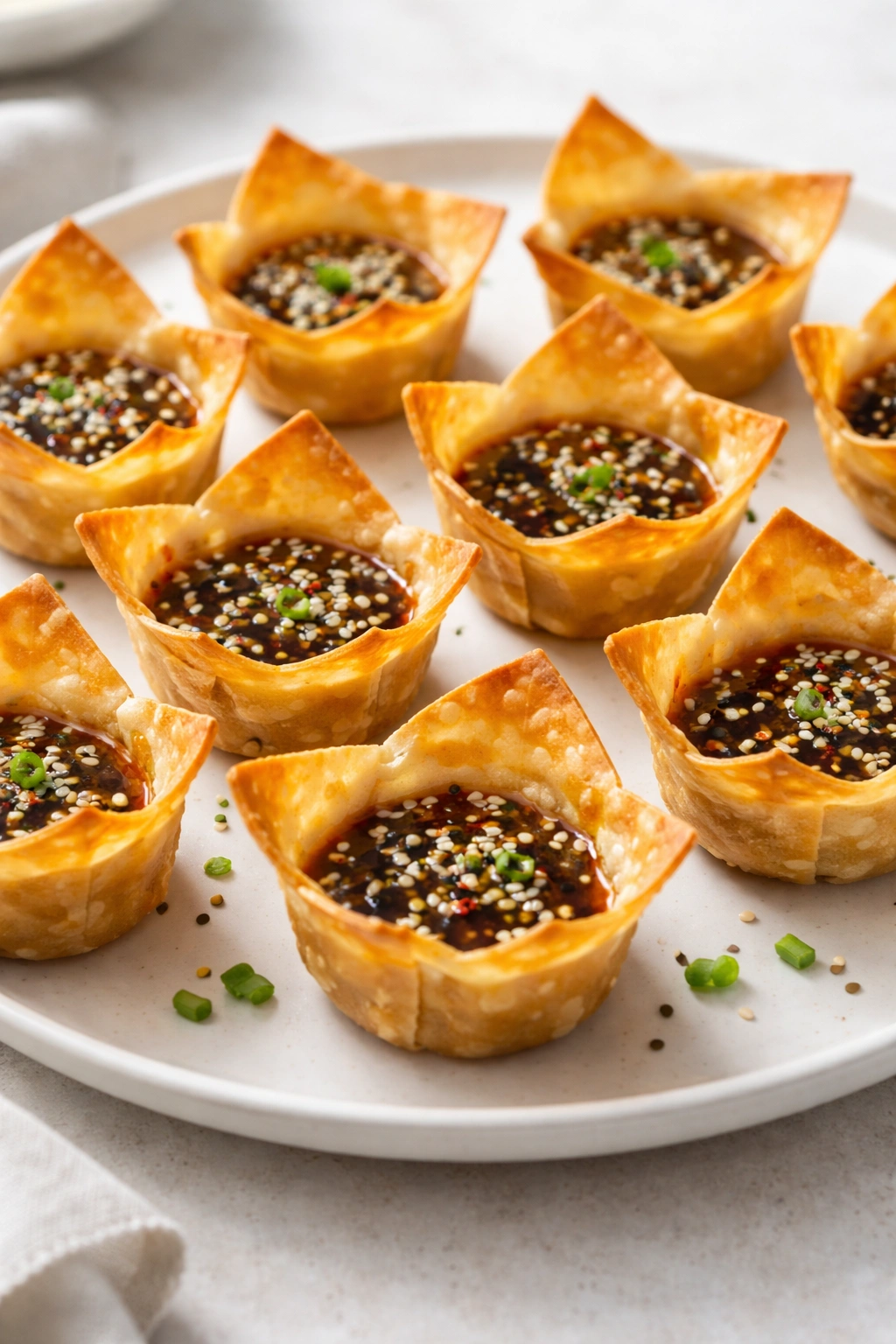 Golden crispy wonton cups filled with sesame soy sauce on a plate