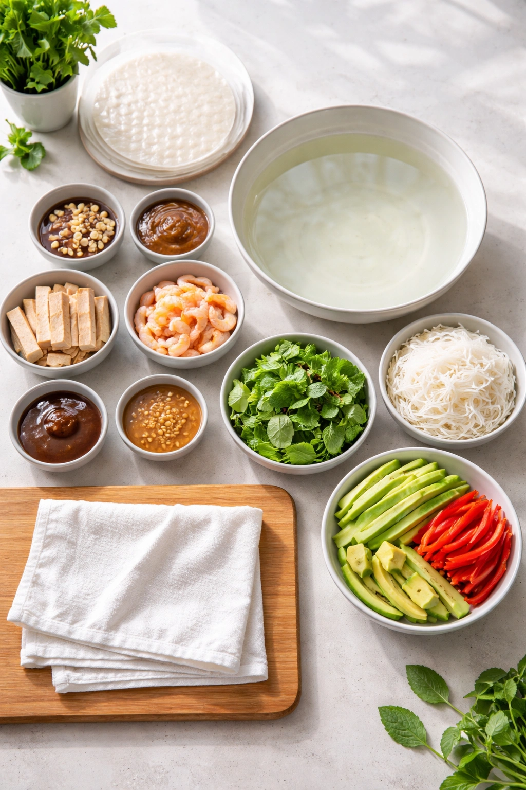 Clean workspace with soaking bowl, towel, and filling bowls for rolling