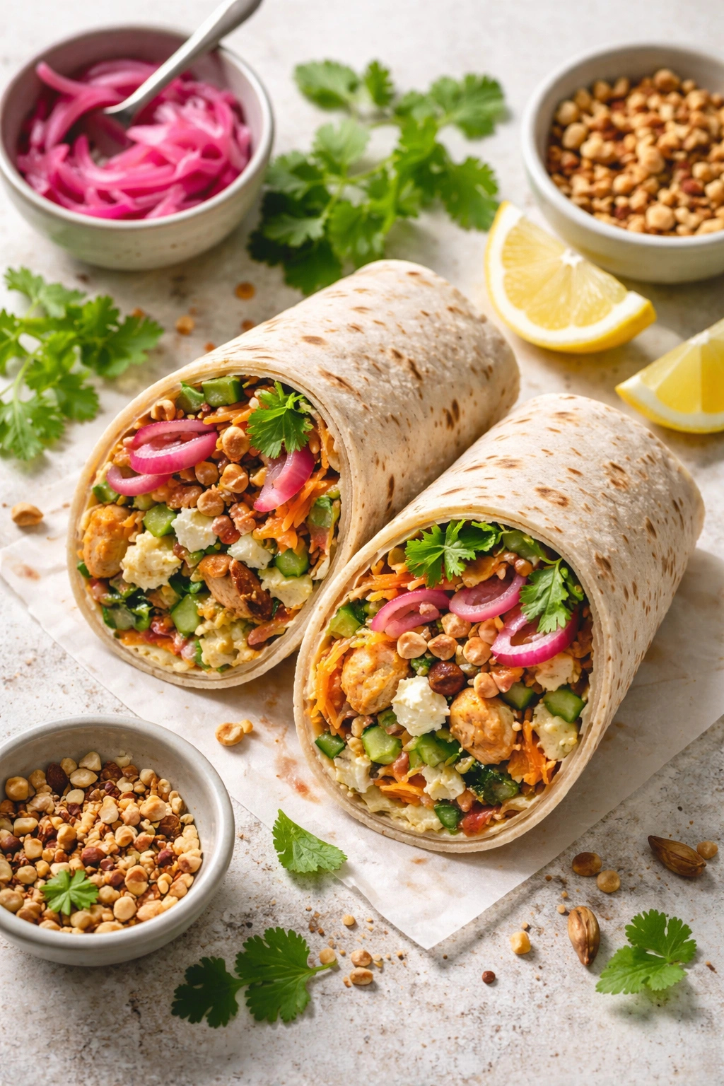 Open wrap with pickled onions, nuts, and herbs inside