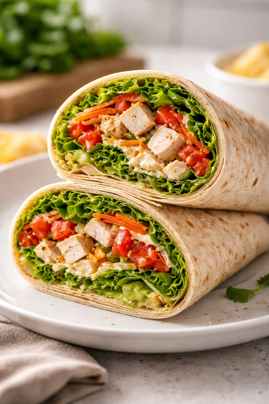Cross-section of a wrapped chicken wrap with greens and vegetables inside