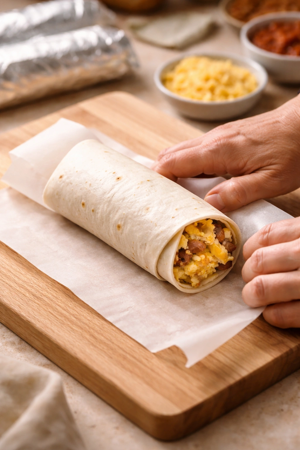 Burrito being tightly wrapped with parchment on a prep surface