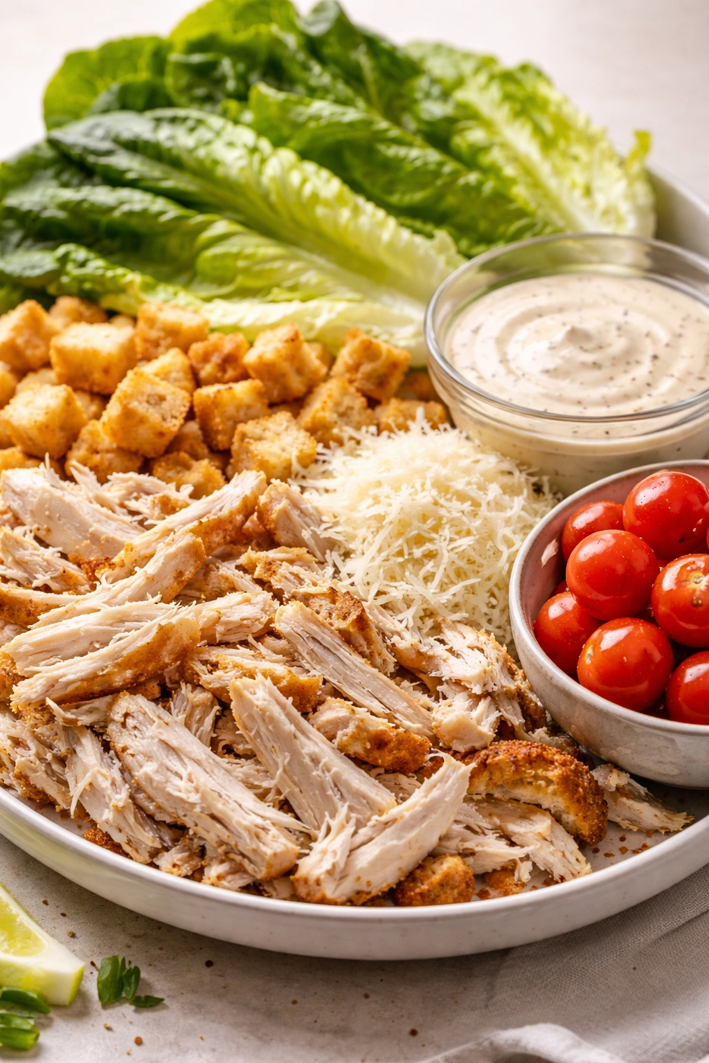 Close-up of wrap ingredients including chicken, lettuce, Parmesan, croutons, and dressing