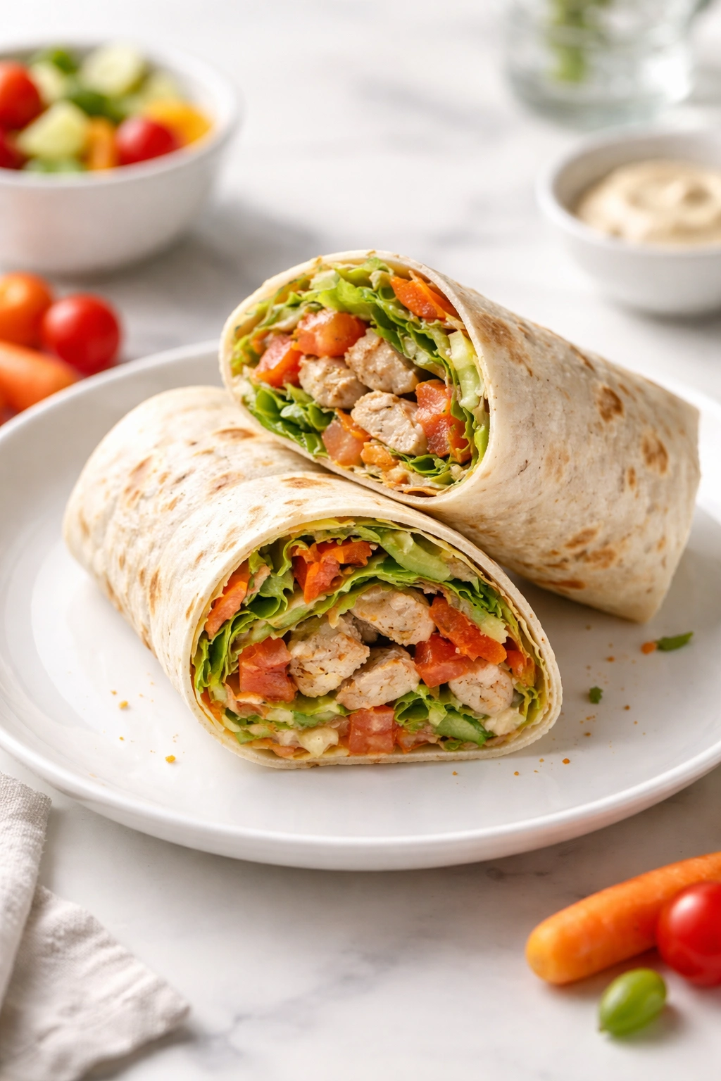 Fully wrapped lunch wrap showing layered fillings on plate