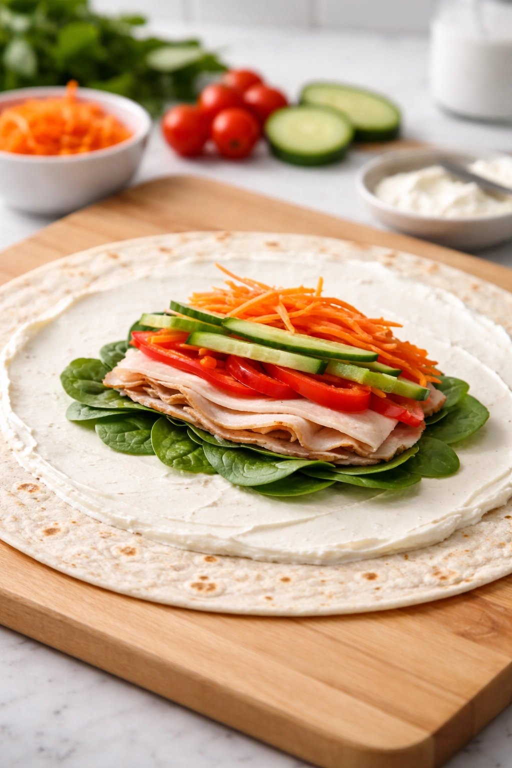 Tortilla with a cream cheese barrier and dry fillings arranged in the center