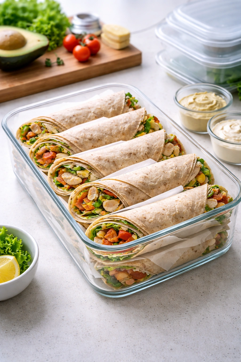 Clear container showing stacked wraps with parchment between layers