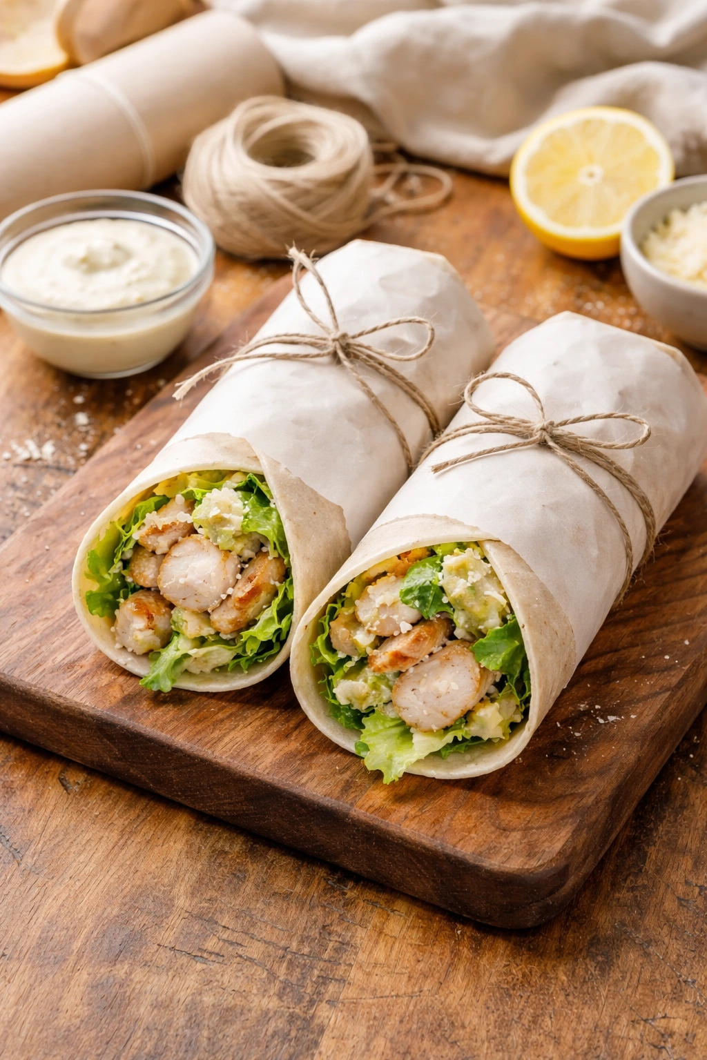 Wraps tightly wrapped in parchment for storage on a rustic wooden surface