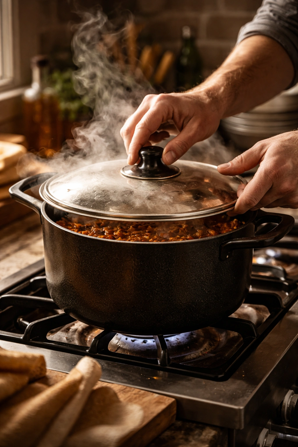 Close-up of hands placing a lid on a pot of chili on a warm stove