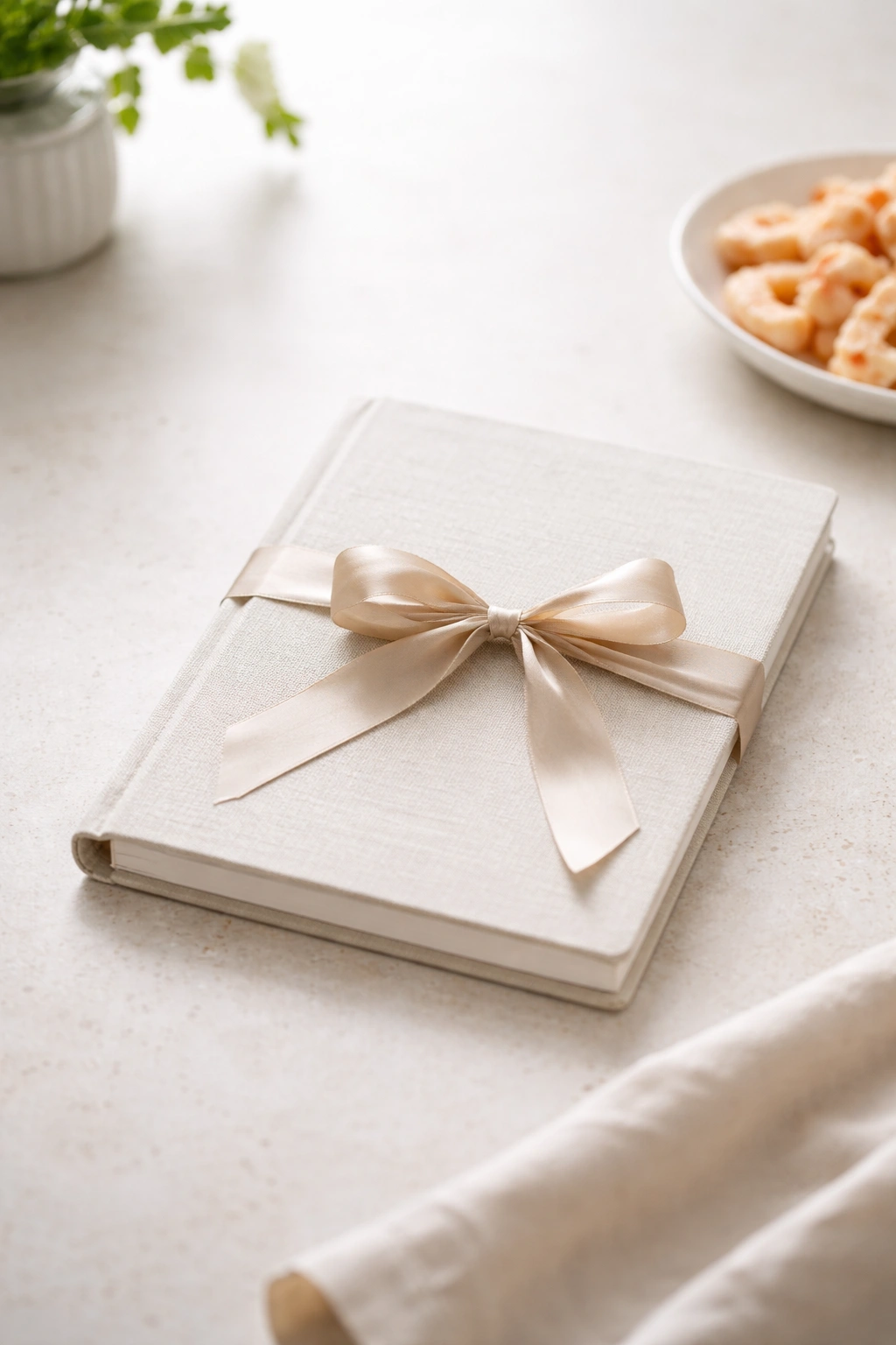 Ribbon tying around a closed notebook on a plain surface