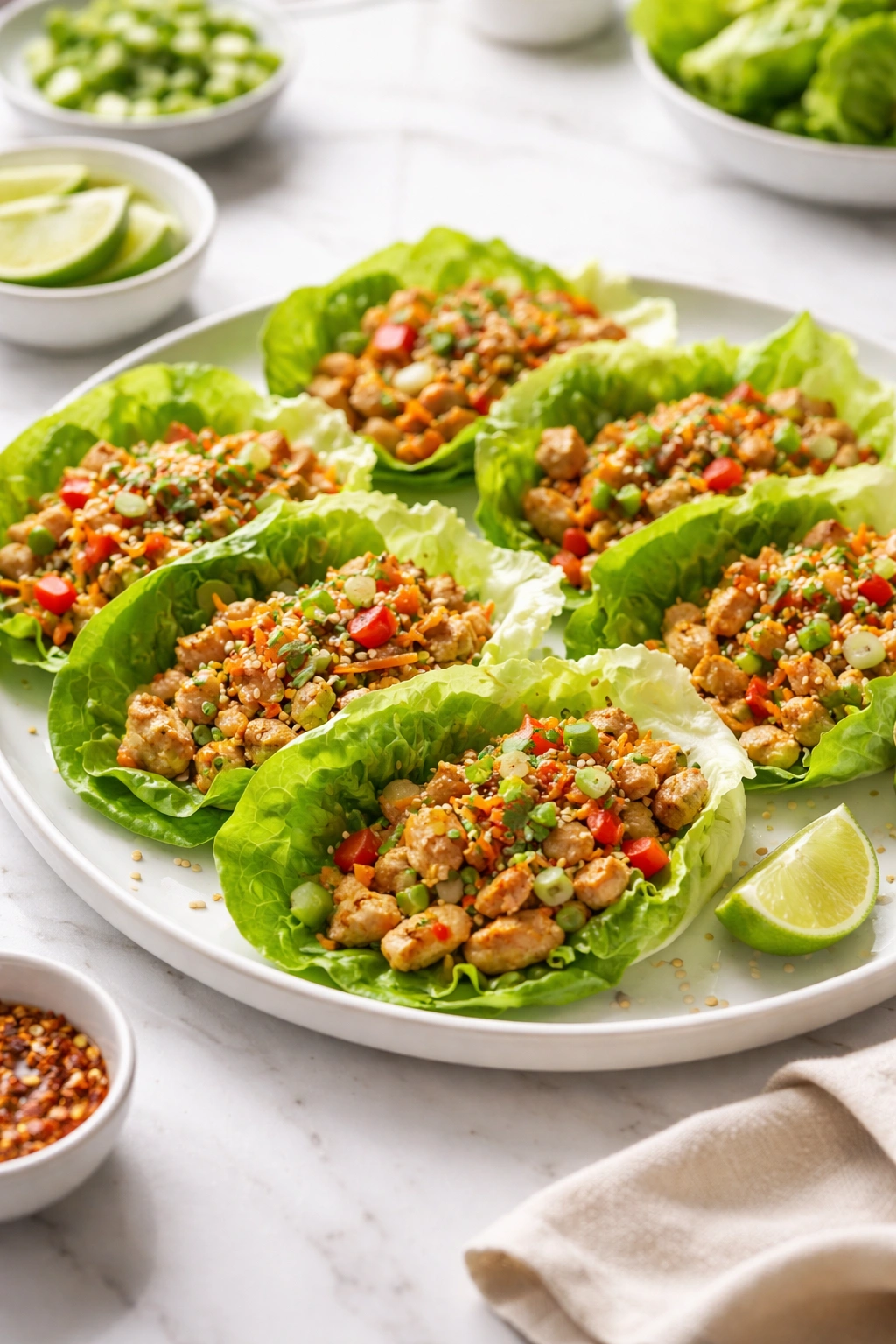 Plate of lettuce wraps with chicken filling