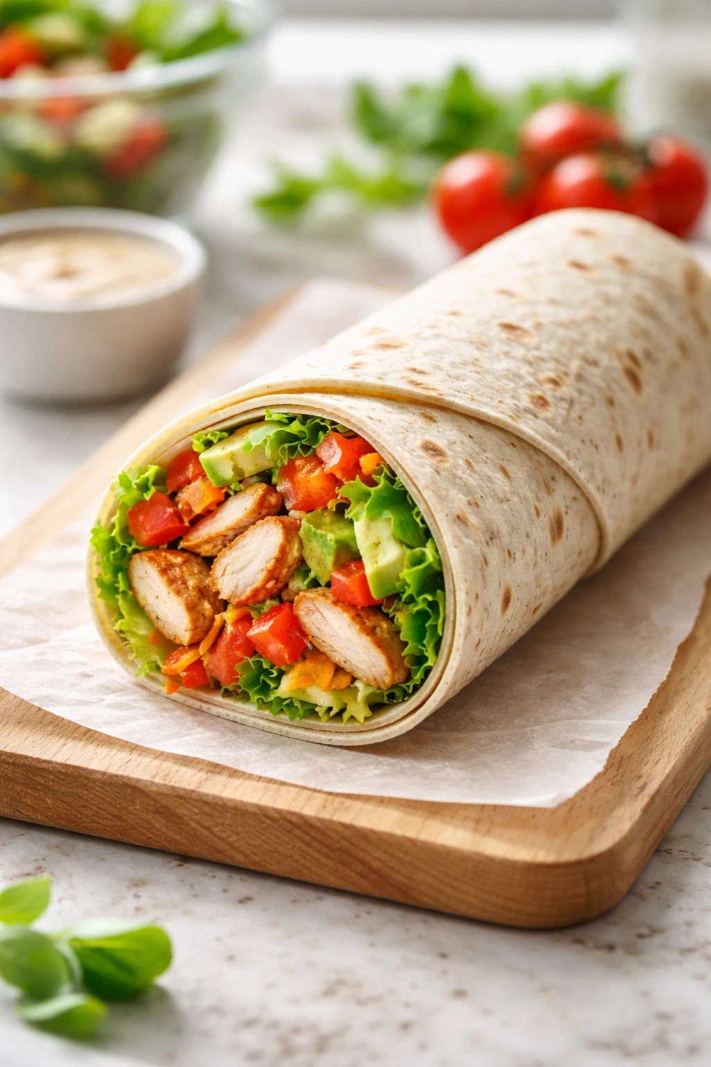 Close-up of a neatly rolled wrap showing its seam and peeking fillings