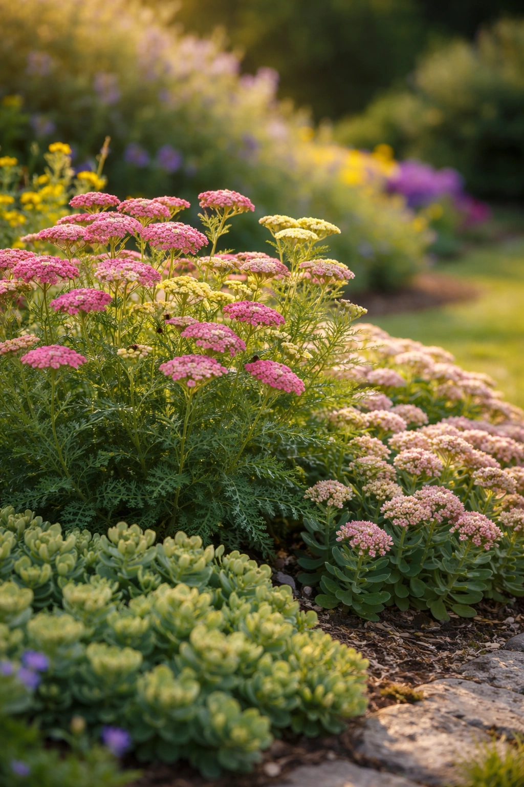 Yarrow and sedum in a sunlit border, low-maintenance perennials
