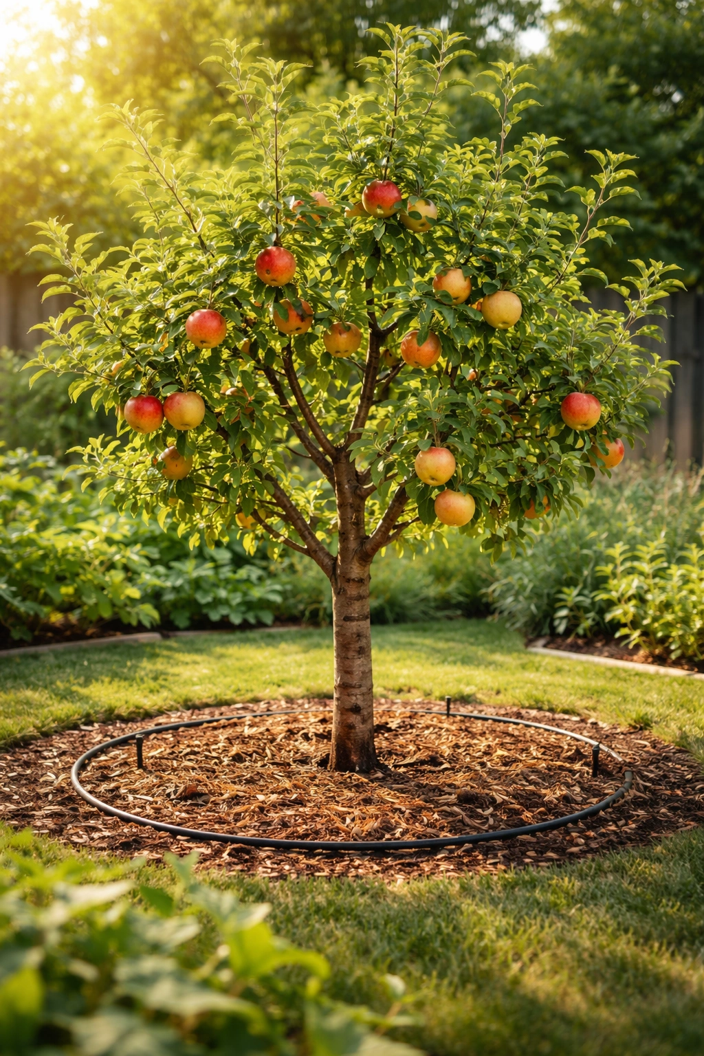 Fruit tree in a mulched bed with irrigation tubing, implying year-round care
