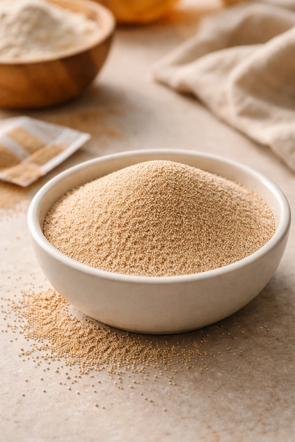Active dry yeast granules in a small dish