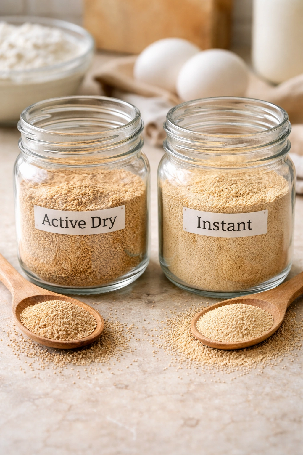 Two glass jars with different yeast granule sizes on a neutral counter