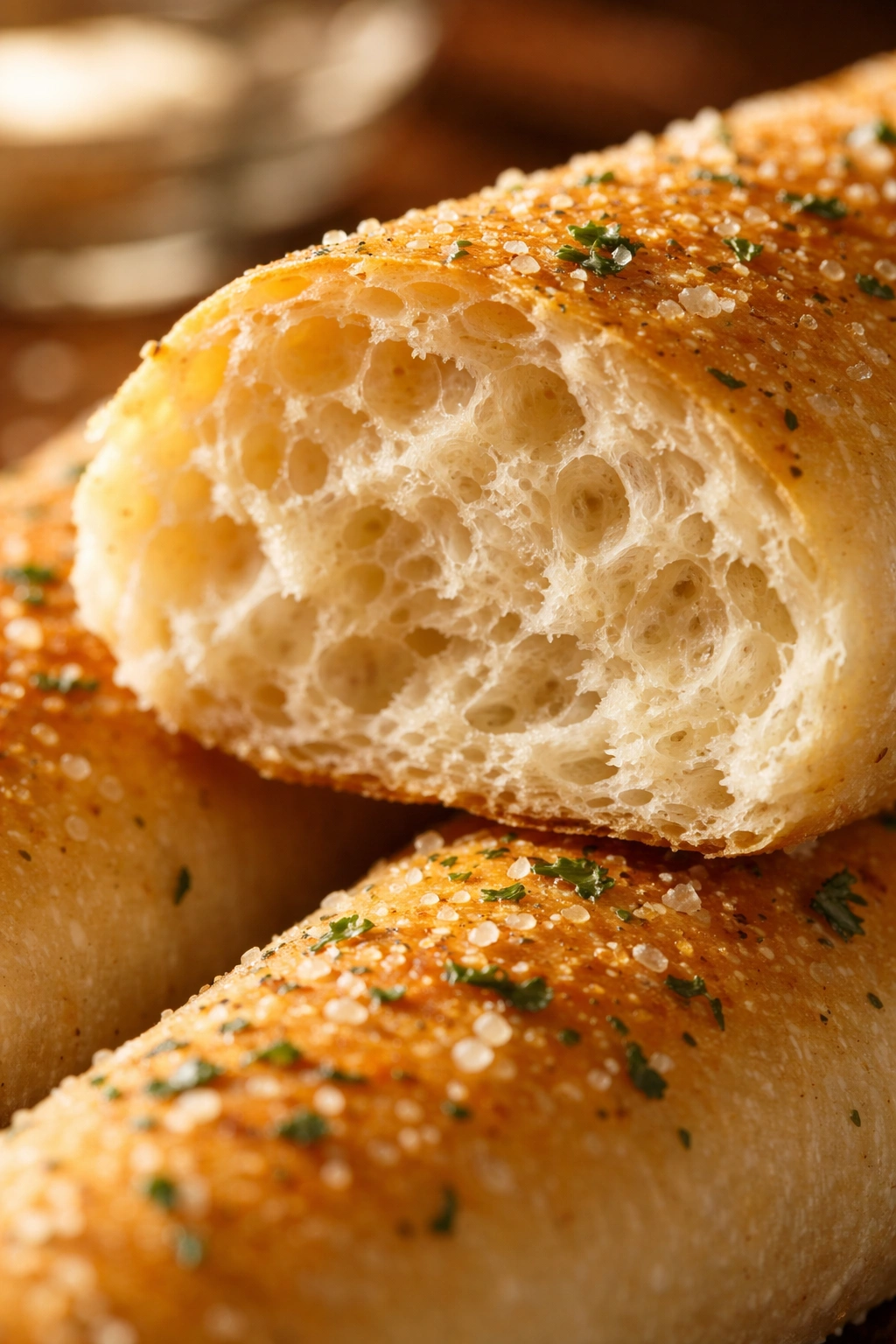 Risen breadstick crumb with many air bubbles