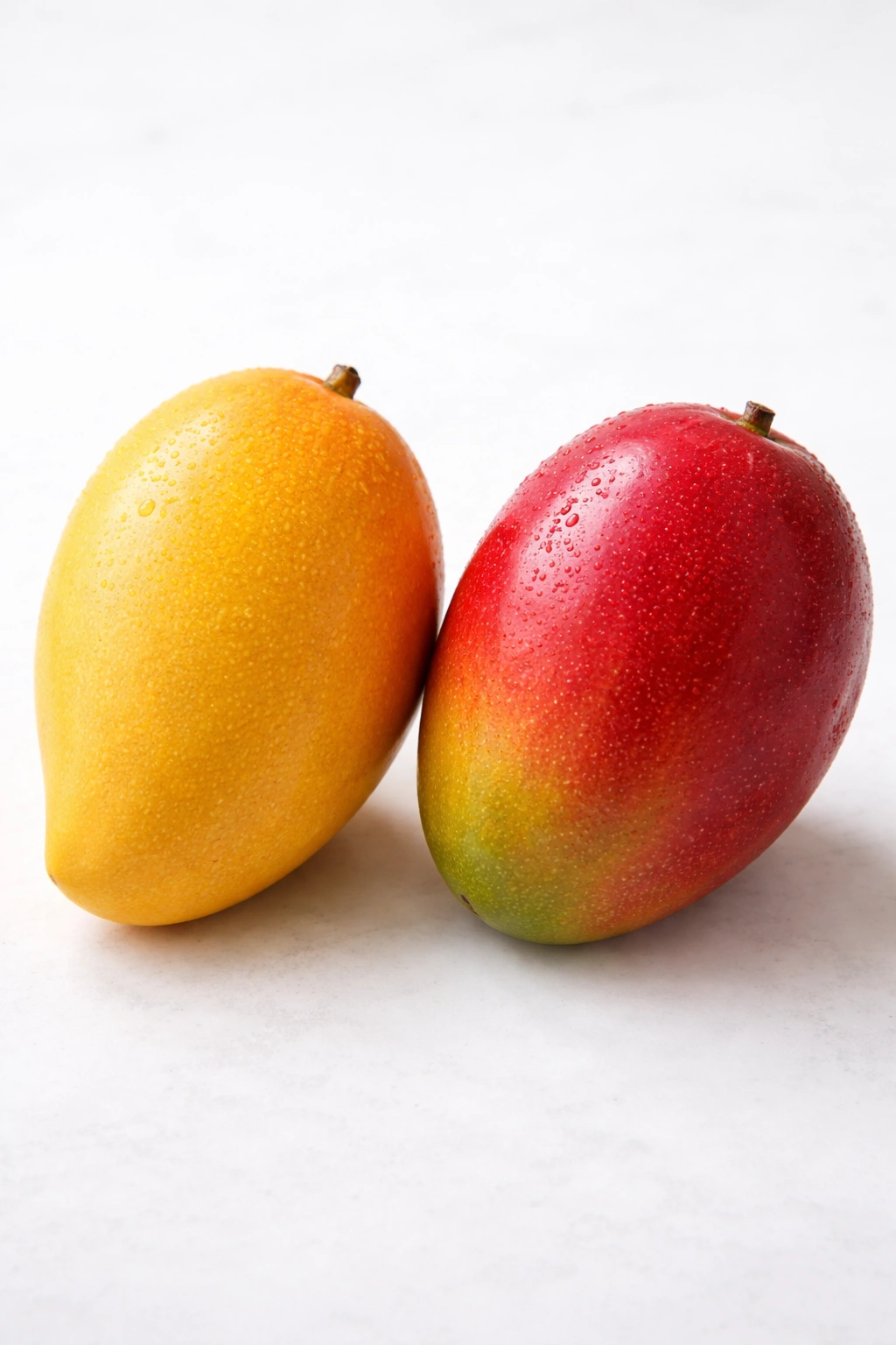 Two mangoes, yellow and red, showing color contrast between mango varieties