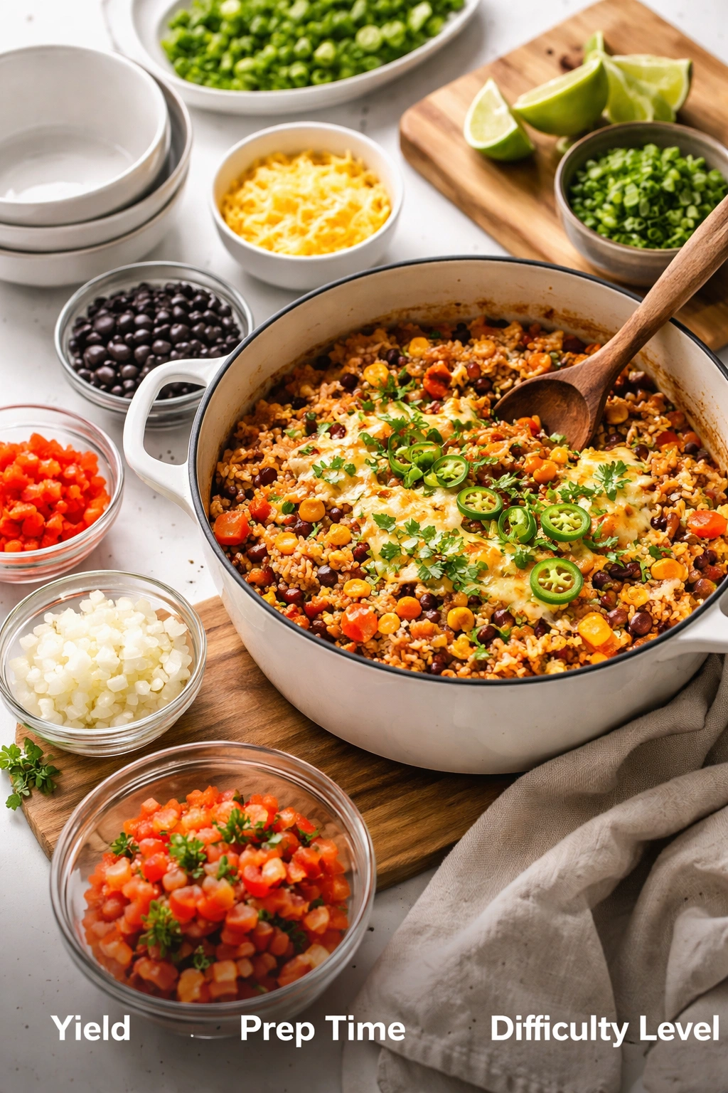 Enchilada rice in a bright kitchen with unlabeled bowls suggesting yield and easy prep