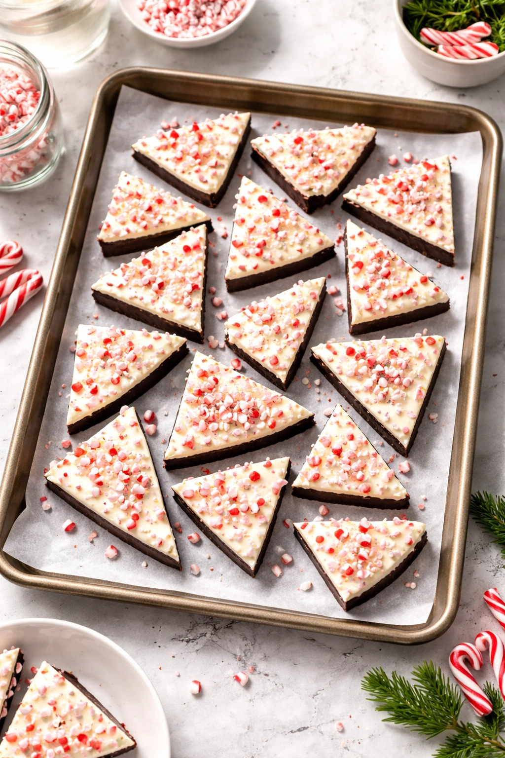 Baking sheet with multiple peppermint bark pieces to show yield
