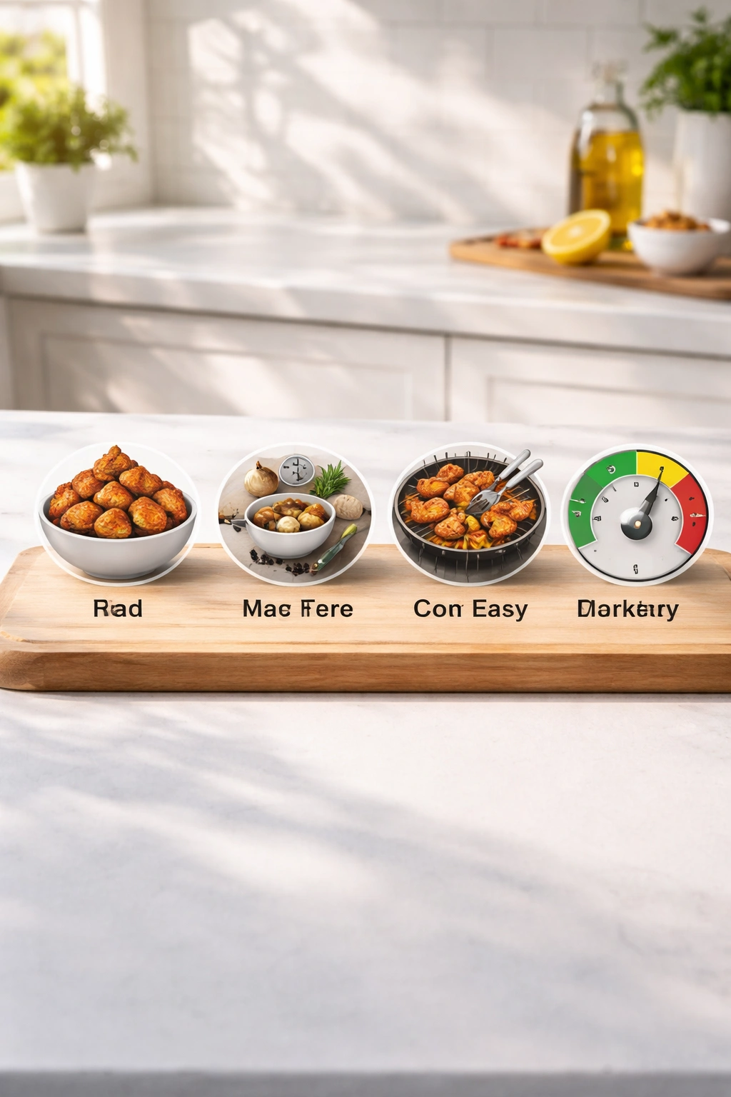 Minimalist kitchen scene suggesting recipe yield and timing
