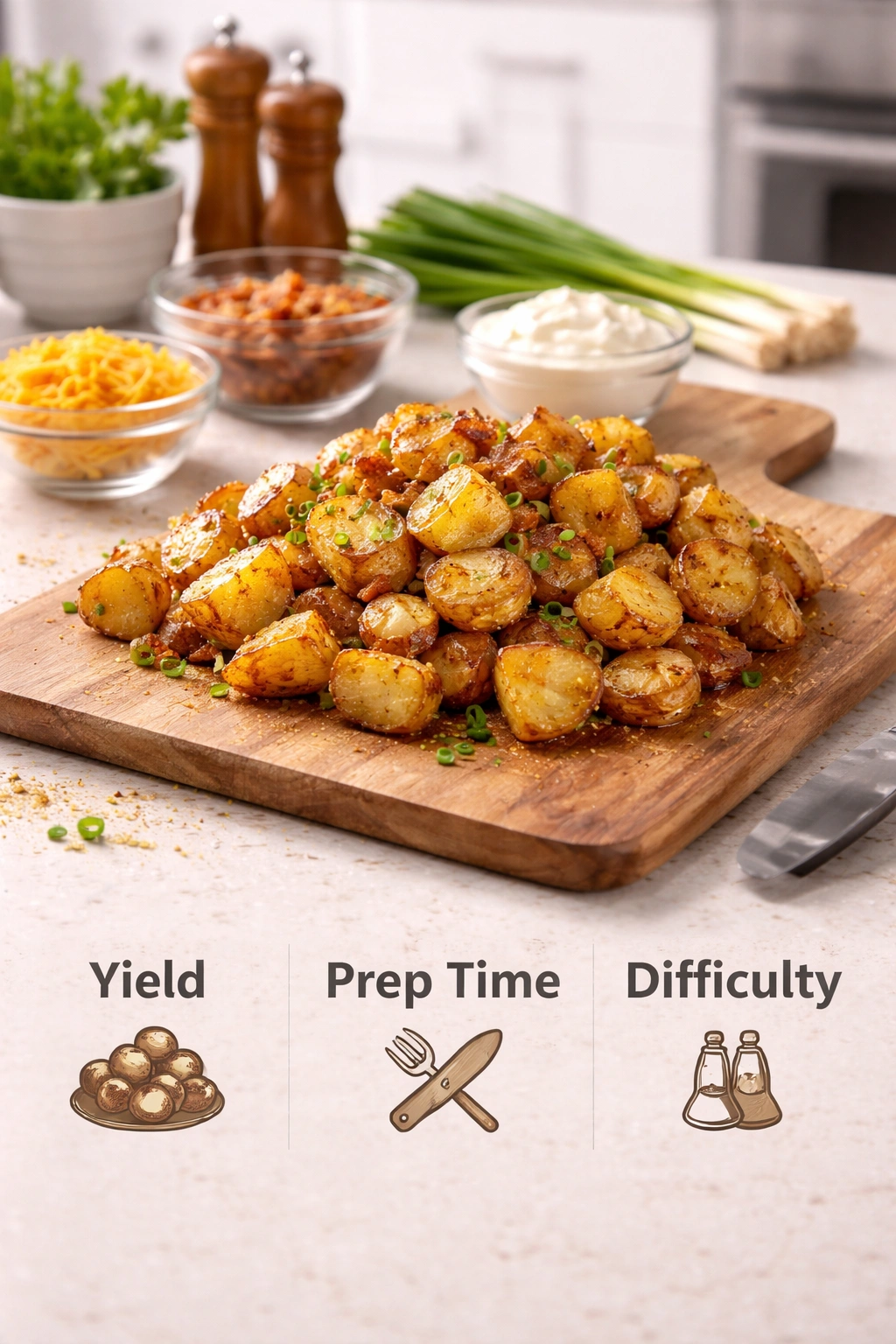 Roasted potatoes on a wooden board in a clean kitchen setting